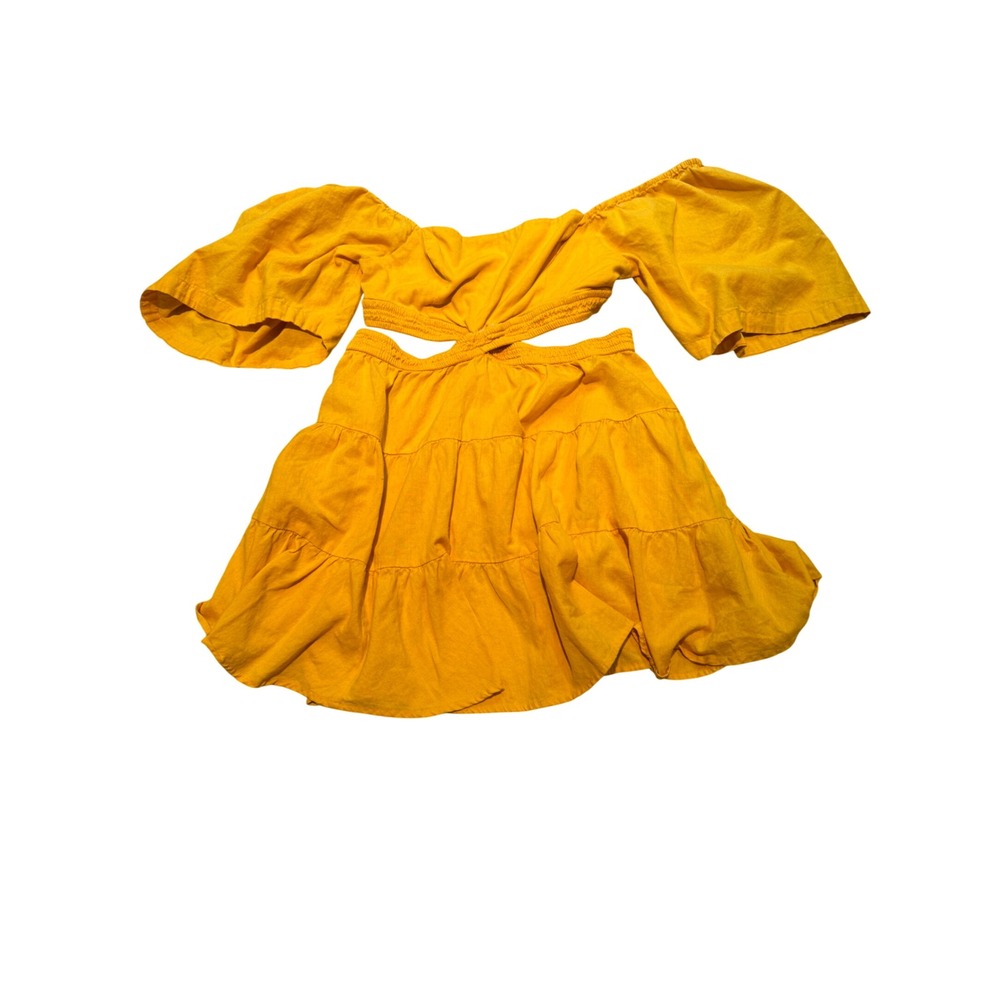 Free People Cross of Sunlight‎ Mini Dress Yellow Cutout Puff Sleeve Size Large L